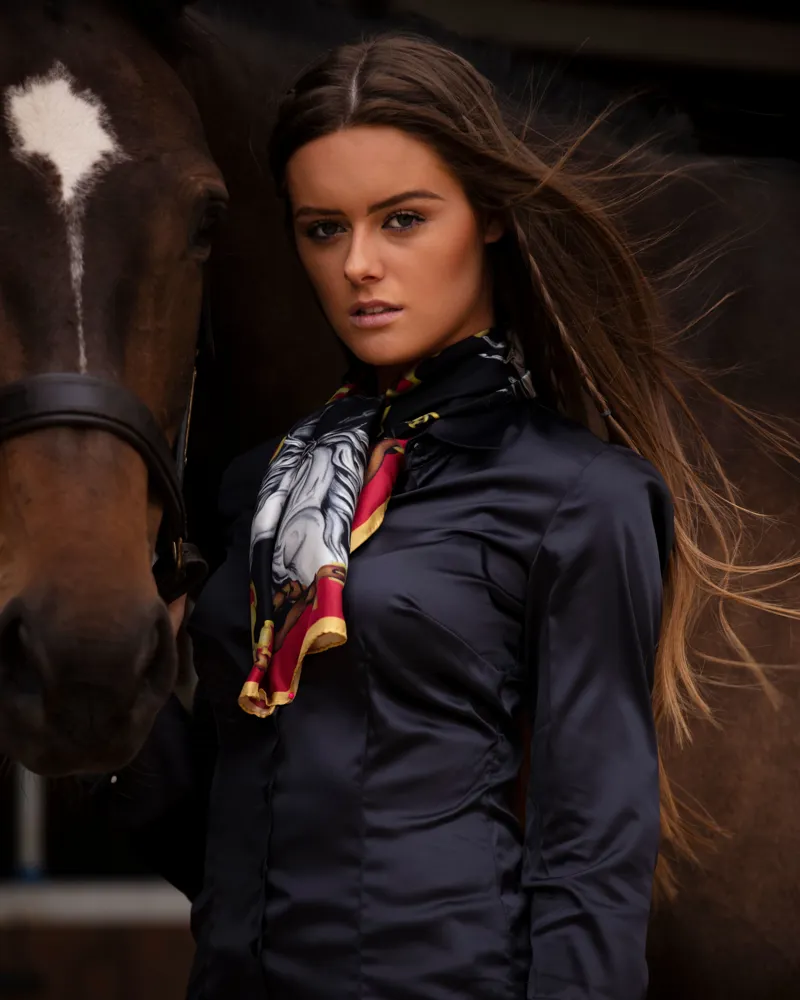 Clare Haggas Hold Your Horses Narrow Silk Scarf Liquorish and Gold-2